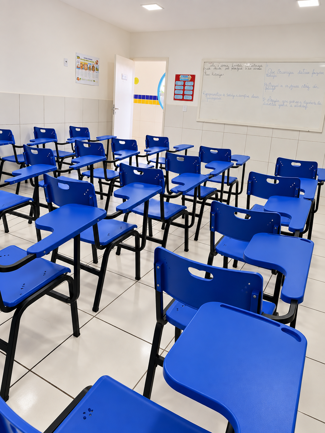 Sala de aula com carteiras universitárias azuis e lousa